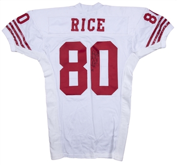 1992 Jerry Rice Game Used & Signed San Francisco 49ers Road Jersey Gifted To Larry Johnson (MEARS A10 & PSA/DNA)